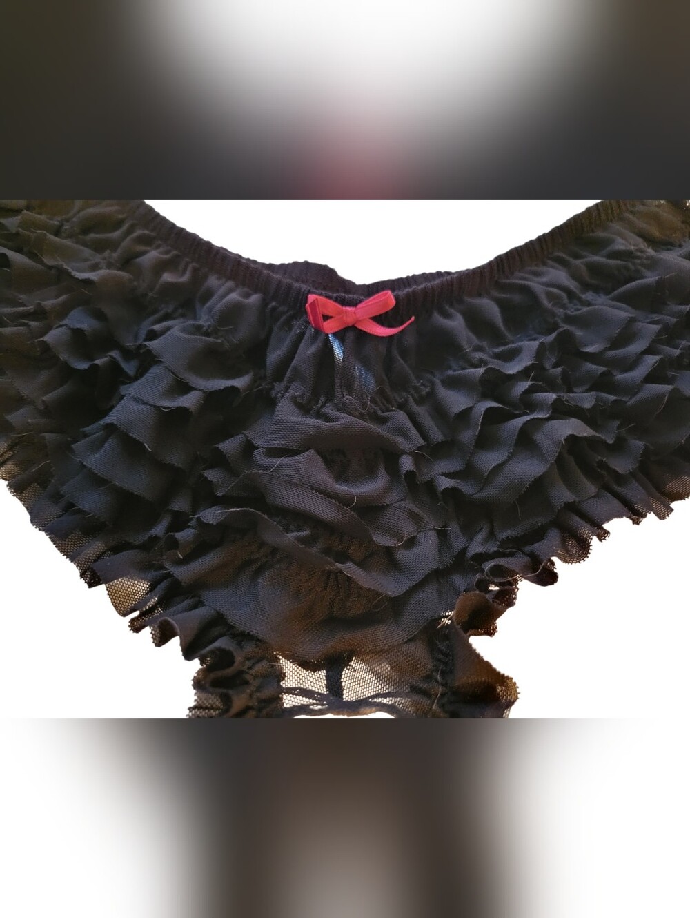 VTG Frederick's of Hollywood Black Tiered Ruffle Crotchless Panties Pink Bow
